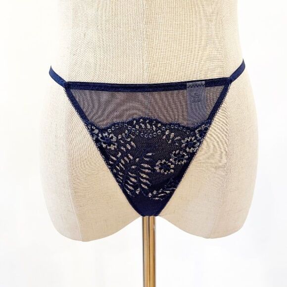 Victoria's Secret Blue Metallic Silver V-String Panty Small Thong Sexy NWOT - Picture 1 of 6